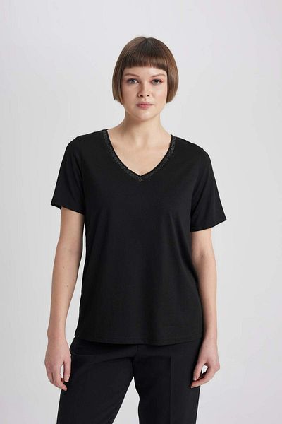 DeFacto Tricou cu mânecă scurtă, cu decolteu în V, de formă regulată