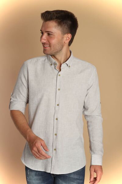 PASSERO Λινό πουκάμισο με μακριά μανίκια και λεπτή εφαρμογή - Σχέδιο με επιλέγμενα λεπτομέρειες