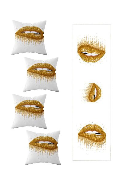Pelangi Living Room Kitchen Table - Decorative 4-Piece Gold Lip Ranir Models, Throw Pillow and Runner Set