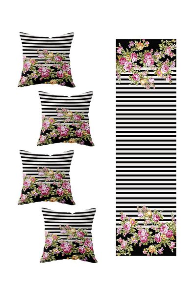 on the clouds Transverse Black Striped Floral Patterned Table Runner - Set of 4 Decorative Runner