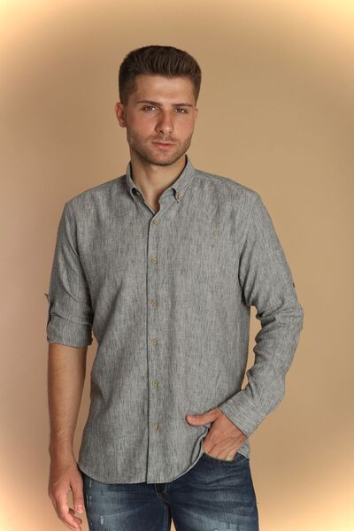 PASSERO Λινό πουκάμισο με μακριά μανίκια και λεπτή εφαρμογή - Σχέδιο με επιλέγμενα λεπτομέρειες