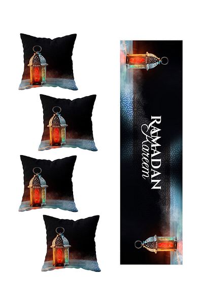 on the clouds Ramadan Kareem - Σετ 4 διακοσμητικών μοντέλων Ranır Μαξιλάρι και Runner για Τραπέζι Κουζίνας Σαλονιού