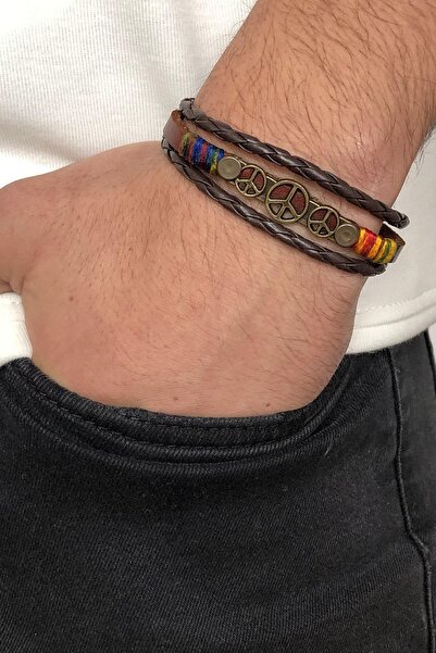 etniko Unisex Genuine Leather Peace Themed Special Design Bracelet