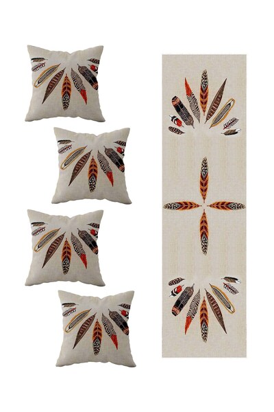 Pelangi Yaprak Desenli Salon Mutfak Masa Değişik Ranır Modelleri Dekoratif 4'lü Kırlent Kılıfı ve Runner Set