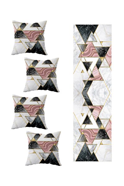 Pelangi مجموعة عداء طاولة رخامية مزخرفة مكونة من 4 قطع - أبيض، وردي، نماذج مر...