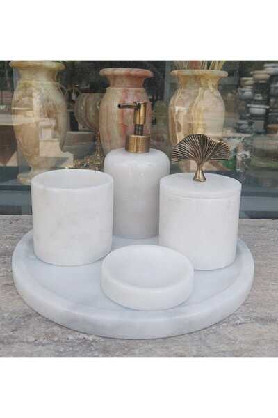 Sümeyra Marble Art Set de baie din marmură albă - 5 bucăți, antic cu detalii aurii