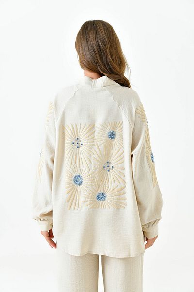 lovebox Beige Colored Long Sleeve Shirt and High Waist Pocket Trousers Set - Embroidery Detailed 201