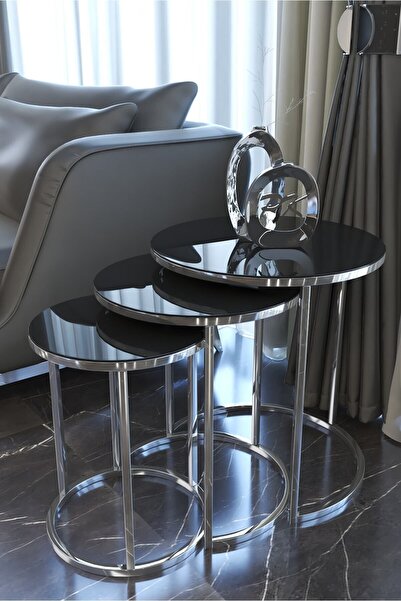 Puklife Ceylin 3lü Zigon Sehpa Gümüş Renk Metal Ayak, Siyah Ayna