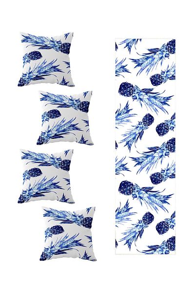 on the clouds Masă de bucătărie pentru sufragerie cu model de ananas albastru - Set de 4 perne decorative și alergător