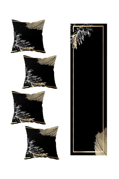 on the clouds Modele decorative cu frunze negre din 4 piese - Set pernă și alergător