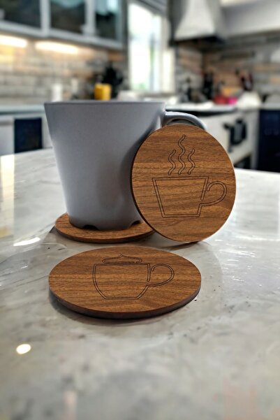 wooden gift design 12 Parça 8cm Yuvarlak Desenli Bardak Altlığı