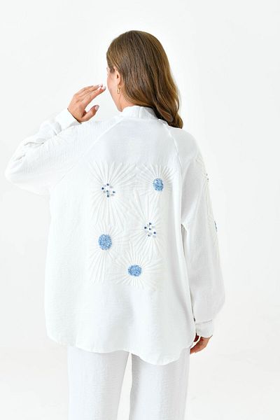 lovebox High Waist Embroidered Shirt and Wide Leg Trousers with Pockets - Long Sleeve Set 201