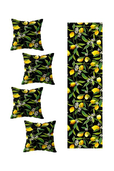 on the clouds Black Lemon Patterned Living Room Kitchen Table Set - 4 Pieces of Different Ranir Models, Throw Pillow and Runner