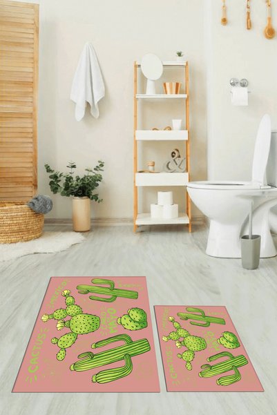 EY HOME Printed Washable Non-Slip Cactus Patterned Double Bathroom Rug Mat Toilet Set
