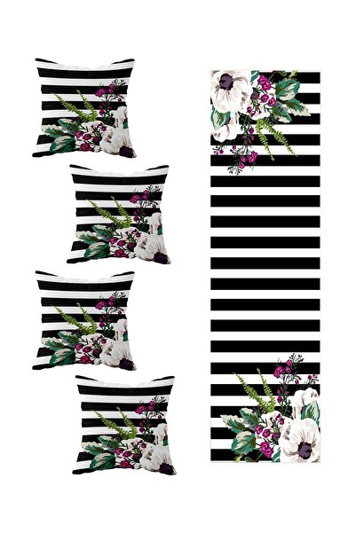 Pelangi Siyah Şerit Çiçekli Masa Değişik Ranır Modelleri Dekoratif 4'lü Kırle...