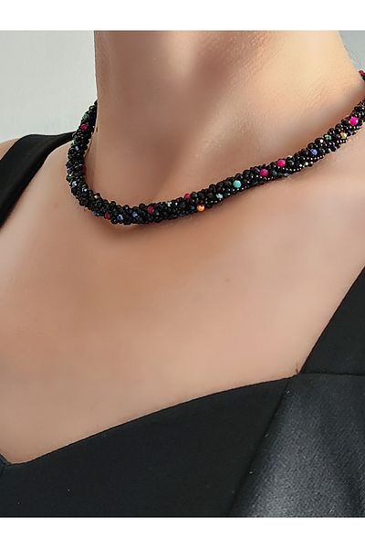 Eva Takı Black Ethnic Bohemian Crystal Bead Necklace - Spiral and Stone