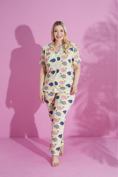 PİJAMOOD Cotton Short Sleeve and Printed Women's Pajamas Set