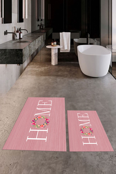 EY HOME Τυπωμένο πλενόμενο Floral Home Written Διπλό Μοκέτα Μπάνιου Σετ Τουαλέτας, ΚΑΘΙΣΤΙΚΟ-12-ΡΟΖ,