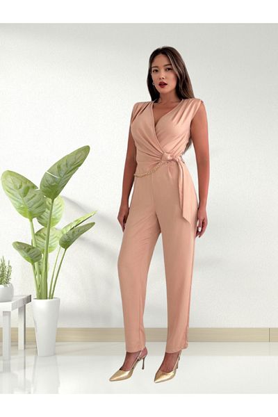 WOMAN VISION Salopetă de noapte pentru femei cu design special din viscoză - detaliu crem cu centură și lanț