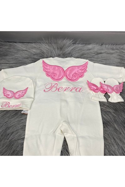 forbebis Baby Pattern 3 Piece Jumpsuit Gloves Hat Set Pink Wings