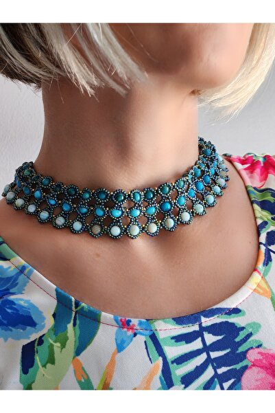 Eva Takı Damarlı Turkuaz Mavi Akik Doğal Taşlı Yaka Model El Yapımı Kolye