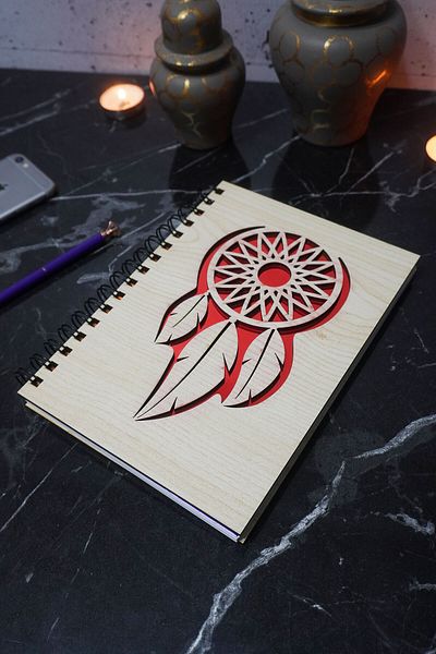 markcat Dream Catcher Patterned Notebook - Wooden Cover, Agenda and Daily Use, Unlined