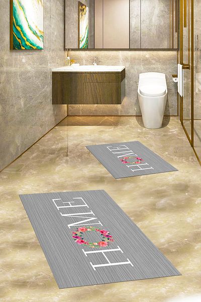 EY HOME Set de scaune de toaletă cu covor dublu de baie, lavabil, imprimat, floral, scris acasă, KLOZET-12-GRI,