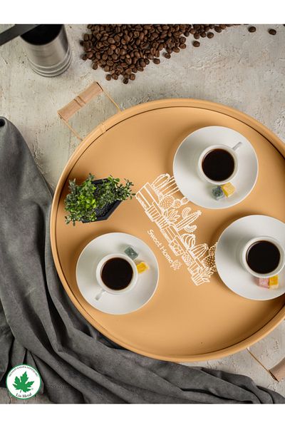 linmetal 37cm Metal Round Coffee Tray with Wooden Handle - Presentation and Wooden Handle