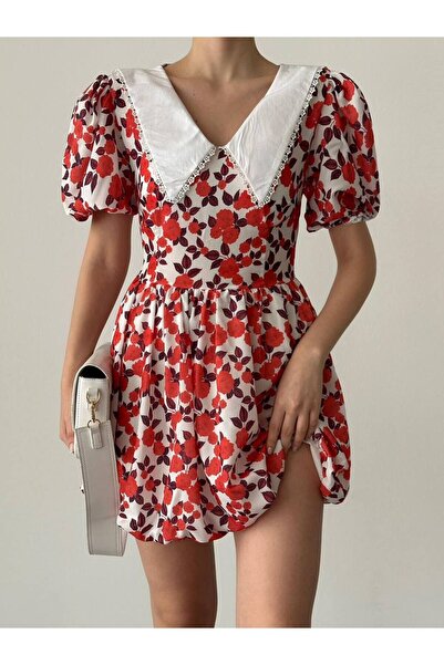 LOCH BUTİK Жіноча сукня з червоним візерунком і коміром-стійкою