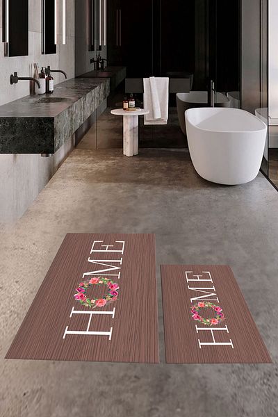 EY HOME Set de scaune de toaletă cu covor dublu pentru baie, lavabil digital, floral, scris acasă, KLOZET-12-BROWN,