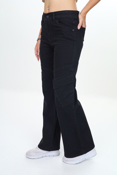 Asortix Kız Çocuk Ters Kargo Cep Detaylı Yüksek Bel Wide Leg Kot Pantolon