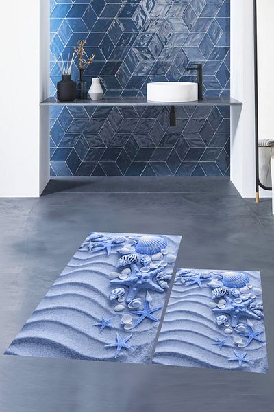EY HOME Set de scaune de toaletă cu covor dublu modern, lavabil, imprimat 3D, WC-48-BLUE,
