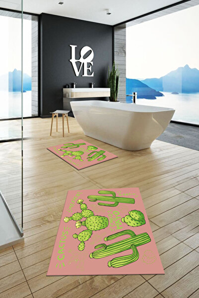 EY HOME cu imprimeu Set de covoraș de baie dublu, lavabil, anti-alunecare, cu model de cactus