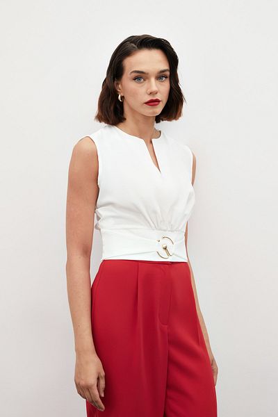 Sateen Ecru Tank Top - Buckle Detailed