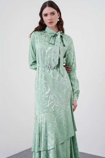 Zühre Fiyonk Yakalı Desenli Uzun Mint Elbise E-0373