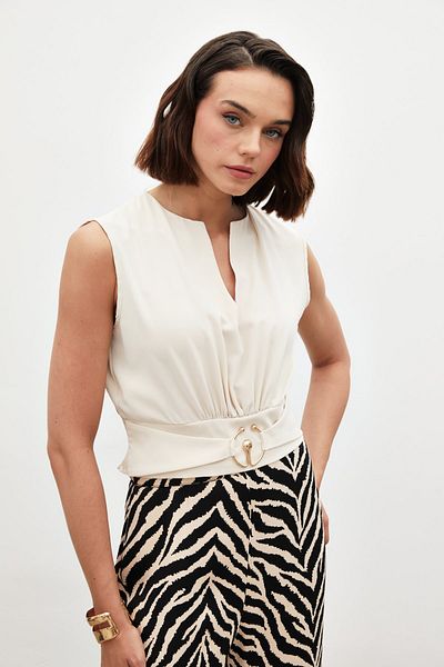 Sateen Beige Color Buckle Detailed Sleeveless Blouse