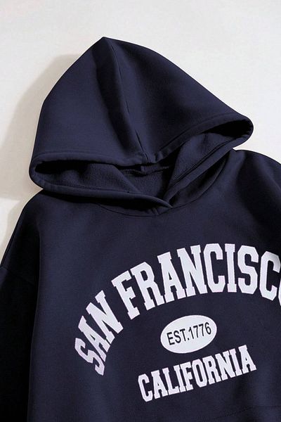 MODAGEN Uniszex sötétkék San Francisco nyomott, túlméretezett kapucnis pulóver