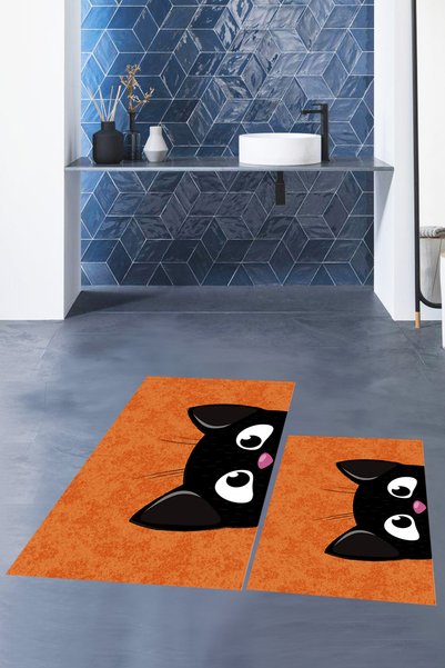 EY HOME Printed Washable Non-Slip Cat Patterned Double Bathroom Rug Mat Toilet Set