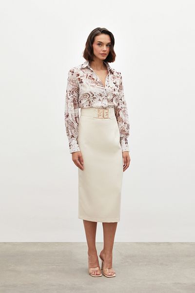 Sateen Beige Pencil Skirt - Accessory Detailed