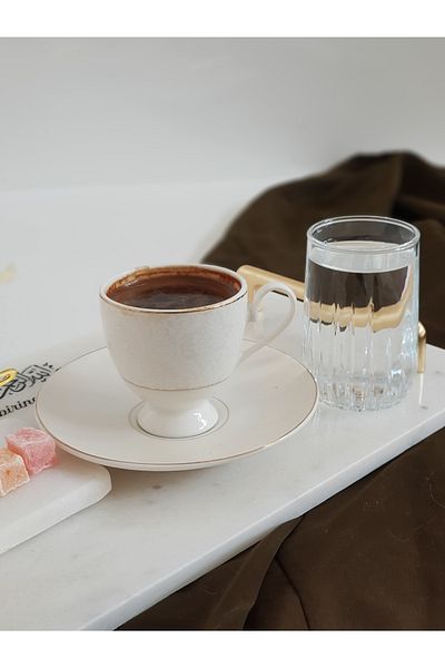 ioadesign Enfal - Groom's Coffee Set - Real Fine Marble Tray (32x20cm), Cup, Water Cup and Tugra Turkish Delight Holder