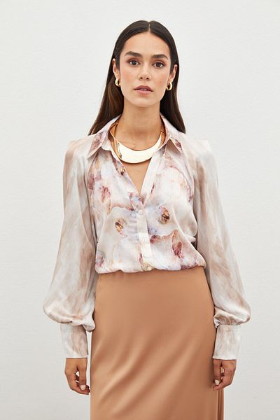 Sateen قميص منقوش بأكمام بالون - حجري