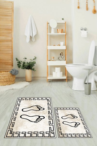 EY HOME Printed Washable Non-Slip Framed Footprint Patterned Double Bathroom Rug Toilet Set