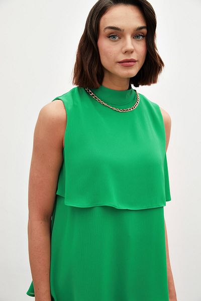 Sateen Flounce Blouse with Accessory Detail - Green