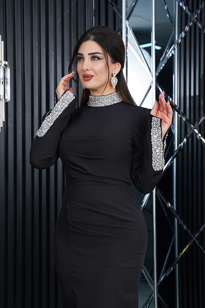 Matik Abiyem Imported Atlas Design Slit Long Dress Evening Dress with Sleeves and Neck Tie Stone Accessories