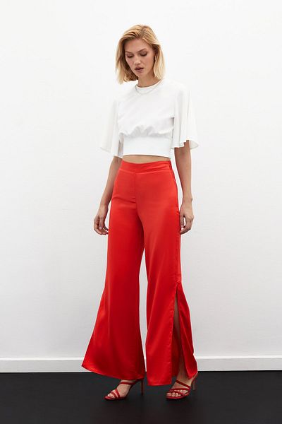 Sateen Slit detailed satin trousers - mercan