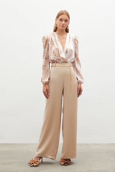 Sateen Satin Crepe Trousers with Chain - Beige