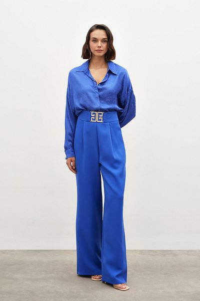 Sateen Sax Blue - Pants with Wide Legs and Waist Accessories