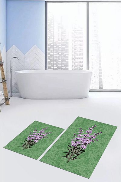 EY HOME Set de scaune de toaletă cu covor de baie dublu, lavabil, modern, floral, imprimat, KLOZET-29-GREEN,