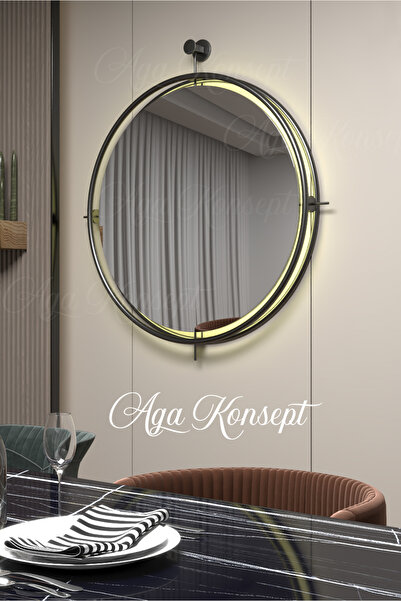AGA KONSEPT Istanbul Siyah Kablosuz LED'li Ayna, Metal Dekoratif Hol Duvar Sa...
