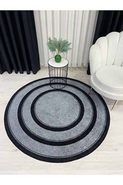 Brillant GRİ-SİYAH Hasır Jüt Sisal Bordürlü Görünümlü Yuvarlak Dekoratif Halı